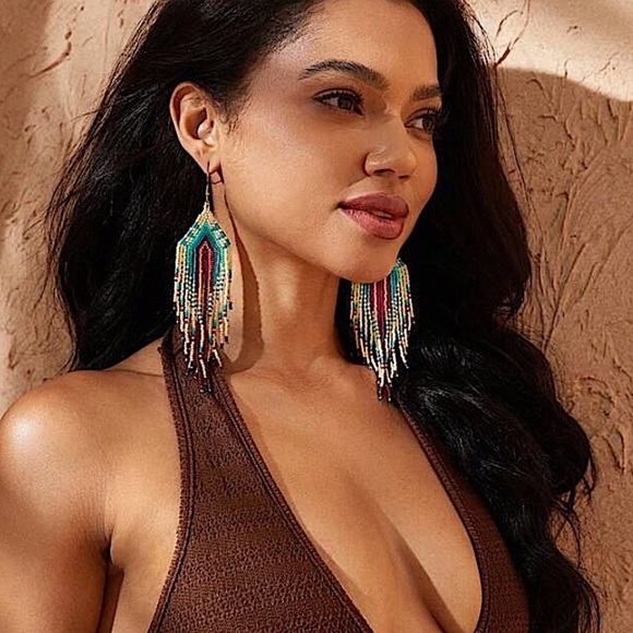 Bohemian Beaded Dangle Tassel Earrings, Tribal Design, Western, Boho, Fr… - Picture 2 of 5